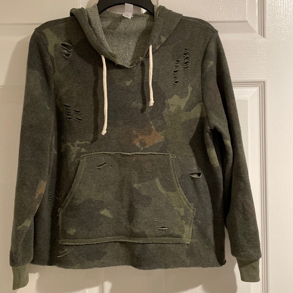 Alternative womens camouflage distressed hoodie size xs